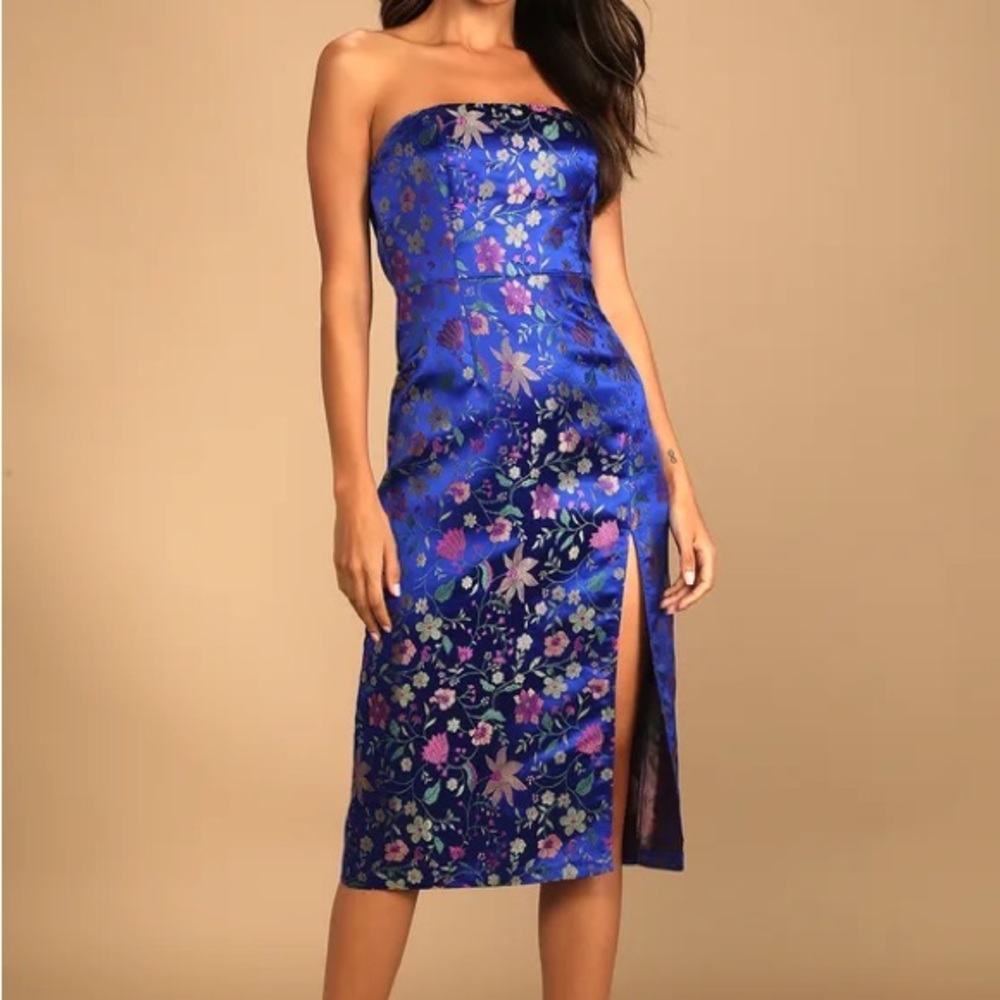 Make a Move Blue Floral Satin Jacquard Strapless Midi Dress